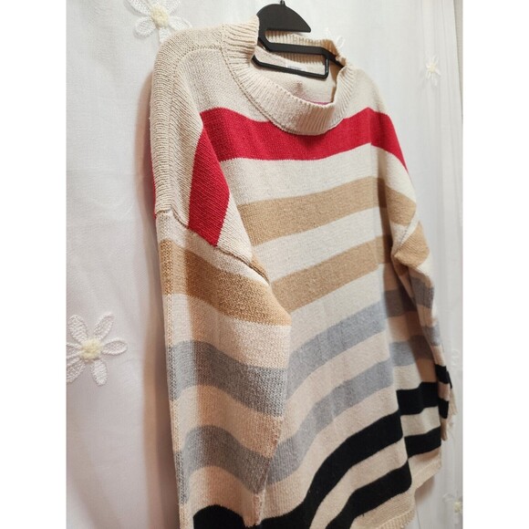 ANDTHEWHY WOMENS M/L BEIGE MULTICOLOR WIDE STRIPE SWEATER CHUNKY KNIT NAUTICAL - Picture 2 of 11